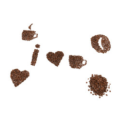 Coffee Beans Arranged Into Different Shapes - Isolated Over White Background - 3D Rendering