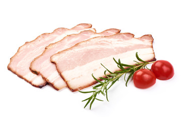 Sliced smoked brisket, dry meat, close-up, isolated on white background.