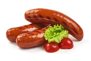 Grilled pork sausages with lettuce, close-up, isolated on white background