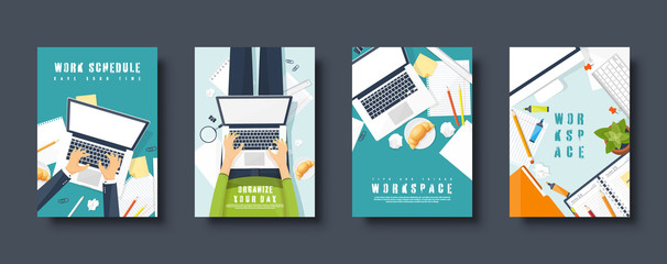 Workplace flat style covers set. Laptop, documents and papers. Paperwork. Office work. Workspace management. Creative design. Vector illustration.