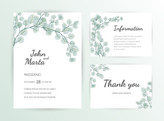 Fototapeta na wymiar Wedding Invitation modern card Design: green tropical leaf greenery eucalyptus branches decorative wreath & frame. Vector watercolor rustic template. eps10.