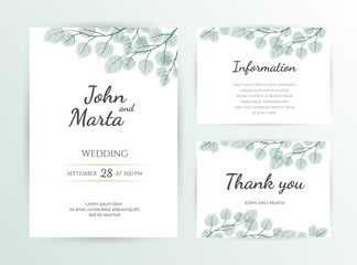 Wedding Invitation modern card Design: green tropical leaf greenery eucalyptus branches decorative wreath & frame. Vector watercolor rustic template. eps10.