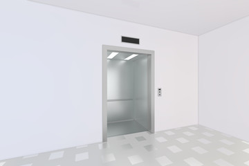Naklejka na ściany i meble An empty modern elevator or lift with metal doors that are open. 3d rendering