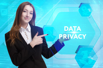 The concept of business, technology, the Internet and the network. A young entrepreneur working on a virtual screen of the future and sees the inscription: Data privacy