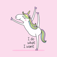 I do what I want - funny vector quotes and unicorn drawing. Lettering poster or t-shirt textile graphic design. / Cute unicorn character illustration on isolated blue background.