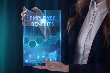 The concept of business, technology, the Internet and the network. A young entrepreneur working on a virtual screen of the future and sees the inscription: Employee benefits