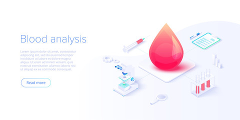 Blood test or analysis in isometric vector illustration. Healthcare concept for clinical laboratory examination. Medical diagnostics or reserarch with blood drop sample. Web banner layout template. © Graf Vishenka