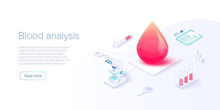 Blood test or analysis in isometric vector illustration. Healthcare concept for clinical laboratory examination. Medical diagnostics or reserarch with blood drop sample. Web banner layout template.