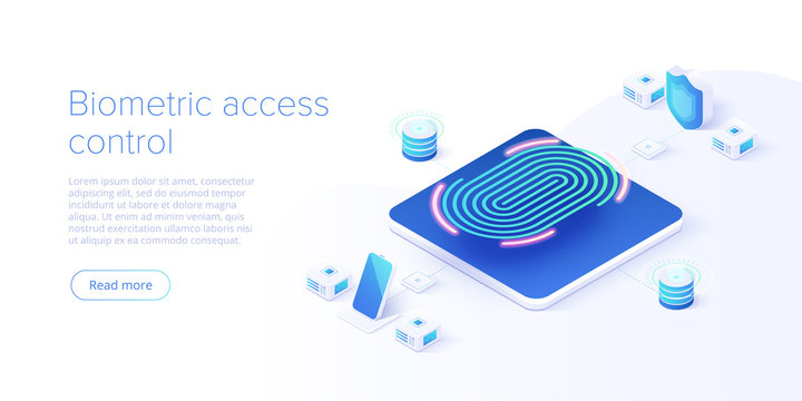 Biometric Access Control In Isometric Vector Illustration. Fingerprint Screening Security System Concept. Digital Touch Scan Identification Or Electronic Sensor Authentication. Web Banner  Template.