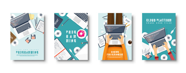 Programming coding flat style covers set. Computing background. Code, hardware software. Web development. Search engine optimization. Innovation, technologies. Mobile app. Vector illustration. SEO.