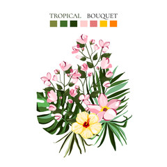Tropical exotic flowers bouquets with frangipani hibiscus green monstera palm leaves