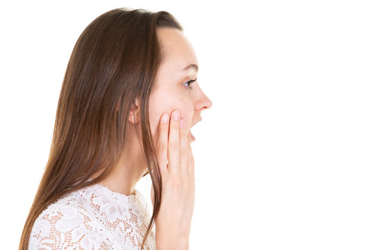 Portrait Of Profile Scared Surprised Woman On White Background Aside Front Copy Space