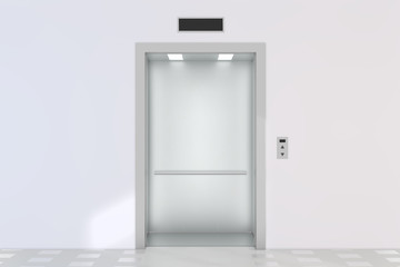 An empty modern elevator or lift with metal doors that are open. 3d rendering
