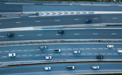 transportation, big city road, aerial top down view of cars on busy highway motorway