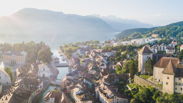 aerial cityscape of Annecy, panorama of old town historical houses and lake, France