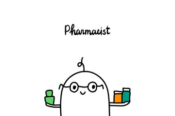 Pharmacist hand drawn vector illustration in cartoon style. Doctor with pills