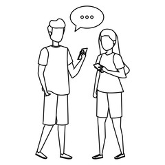 young couple using smartphone with speech bubble