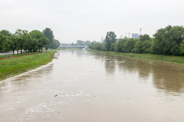 Rzeka płynąca pośrod zielenii, w oddali most