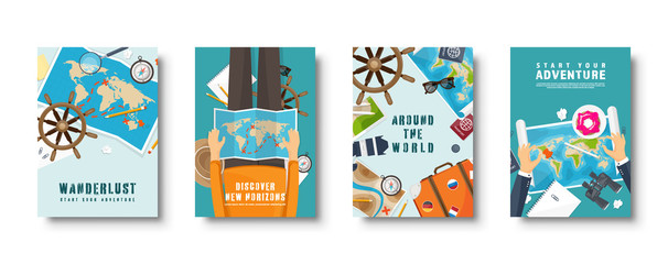 Travel and tourism flat style covers set. World, earth map navigation. Journey, summer time holidays. Travelling, exploring worldwide. Vector illustration.