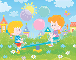 Little children playing on a toy seesaw on a playground in a green park of a small town on a sunny summer day, vector illustration in a cartoon style