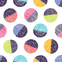 Decorative abstract polka dots in the style of the 60s.. Cheerful polka dot vector seamless pattern. Can be used in textile industry, paper, background, scrapbooking.