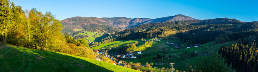 Germany, XXL panorama scenic view of black forest nature landscape and village in valley - obrazy, fototapety, plakaty