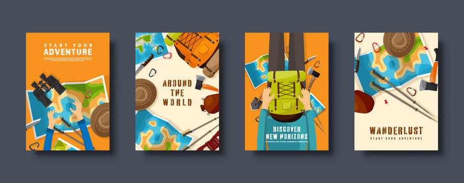 Travel and tourism flat style covers set. World, earth map navigation. Journey, summer time holidays. Travelling, exploring worldwide. Vector illustration.