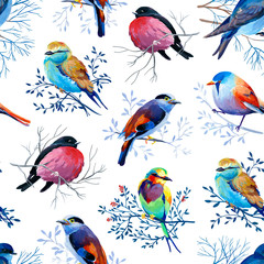 Gouahe seamless pattern with bright birds on branches