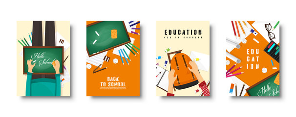 Back to school flat covers set. Online education and study. Teacher, student.
