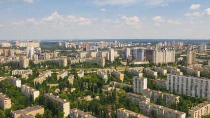 Urban aerial view photo from drone of Rusanivka island. Summer cityscape with skyline. (Kyiv, Kiev) Ukraine.