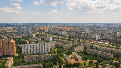 Urban bird's eye view of Rusanivka island. Outdoor cityscape with skyline. (Kyiv, Kiev) Ukraine.
