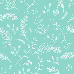 Abstract floral seamless pattern on green background. Small wildflowers and spikelets. For fabric, background or wrapping paper, white lineart. Vector illustration