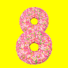 Donut with rose glazed in shape of number 8 on yellow background. Food sweets. Card for holidays Women's Day