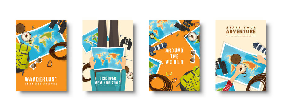 Travel and tourism flat style covers set. World, earth map navigation. Journey, summer time holidays. Travelling, exploring worldwide. Vector illustration.