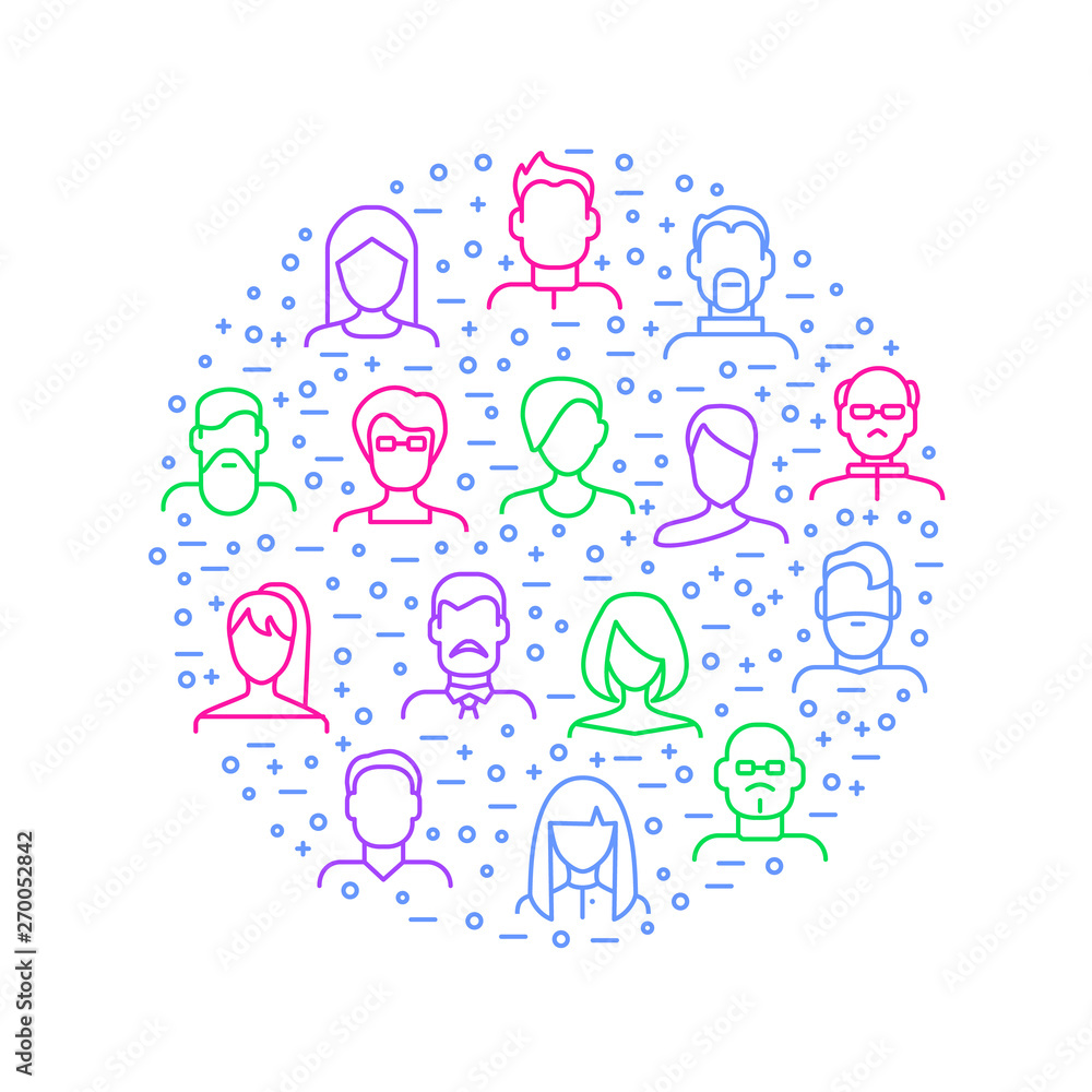 Poster face various types signs thin line round design template. vector