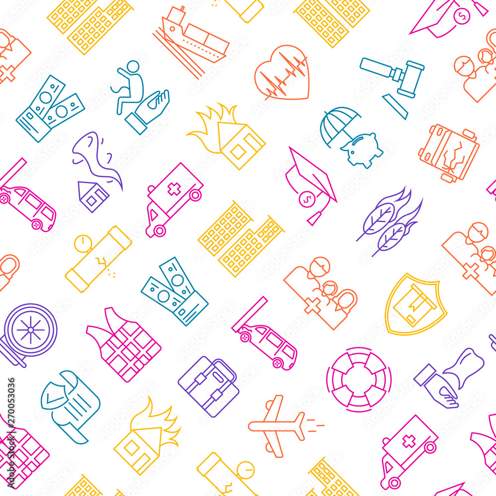 Poster insurance elements thin line icon seamless pattern background. vector