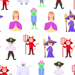 Cartoon Halloween Kids Costumes Seamless Pattern Background. Vector