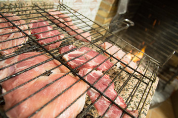 Grilled meat grill with wood fire