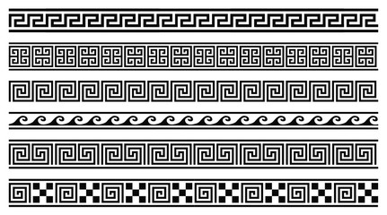Vector set of 6 greek style geometric seamless frames isolated on white background   - obrazy, fototapety, plakaty
