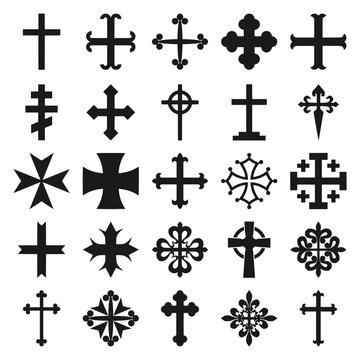 Vector illustration of 25 different heraldic crosses isolated on white background 