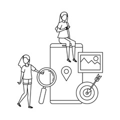 young women with smartphone and magnifying glass