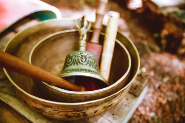 buddhism ceremony. ethnic bell. Bowl for meditation. beater meditation. A Tibetan Singing Bowl