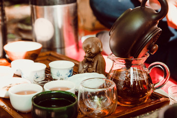 Many cup of hot tea. Asian green tea ceremony. Tradition. Healthy