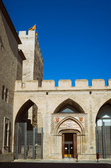 Zaragoza, Aragon, Spain - February 14th, 2019 : Aragonese Courtyard, Troubadour Tower and Chapel of San Martin within the Aljaferia Palace complex.