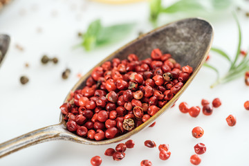 close up view of red pepper in silver spoon on white background