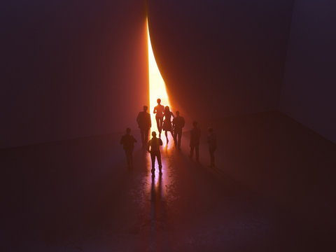 group of people at the door leading to the light