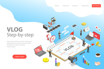 Flat isometric vector landing page template of video blog ste-by-step, vlog, creating online channel, content creating.