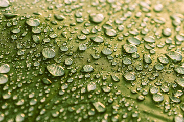 Rain water droplets on green color fiber waterproof fabric. Green background.