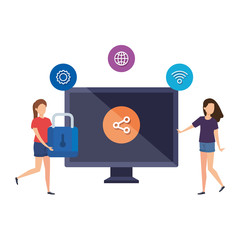 young women with desktop and social media icons