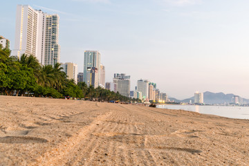 Beach with tropical trees on shore and tall building at dawn